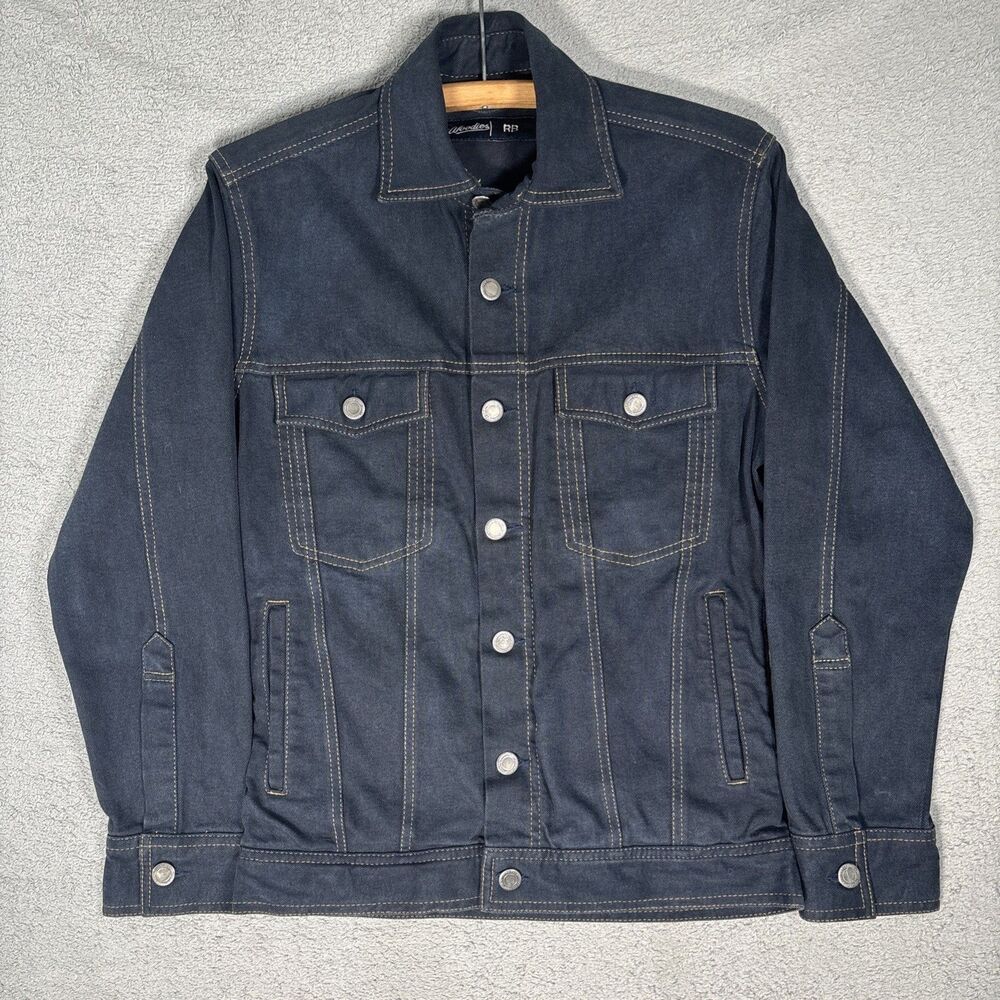 Woodies Denim Trucker Jacket Women's Size L Stretch Dark Blue RFID Pocket Type 3